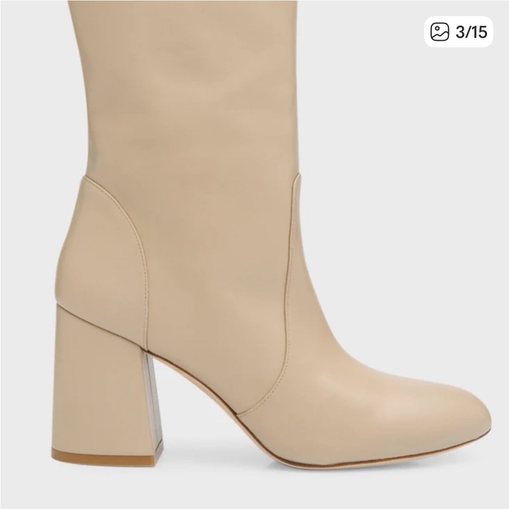 Stuart Weitzman Flareblock 85 Leather Heeled Boots - Dune - Picture 3 of 14